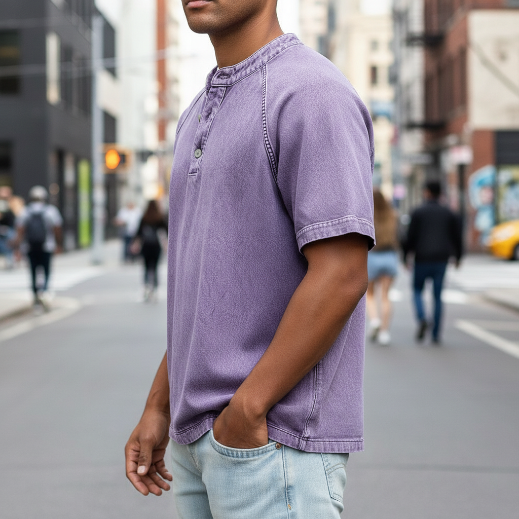 Lightweight Henley Shirt-Acid Wash Vintage Casual Top for Men