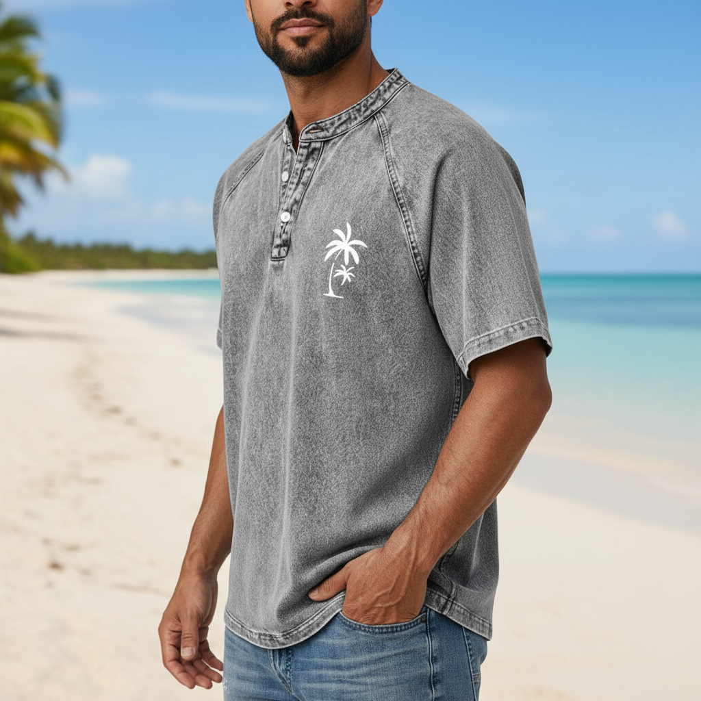 100% Cotton Vintage Washed Henley T-Shirt