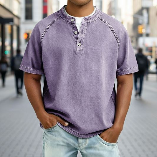 Lightweight Henley Shirt-Acid Wash Vintage Casual Top for Men
