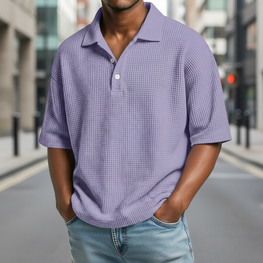 Men's Waffle Polo Shirt-Casual Textured Short Sleeve Top