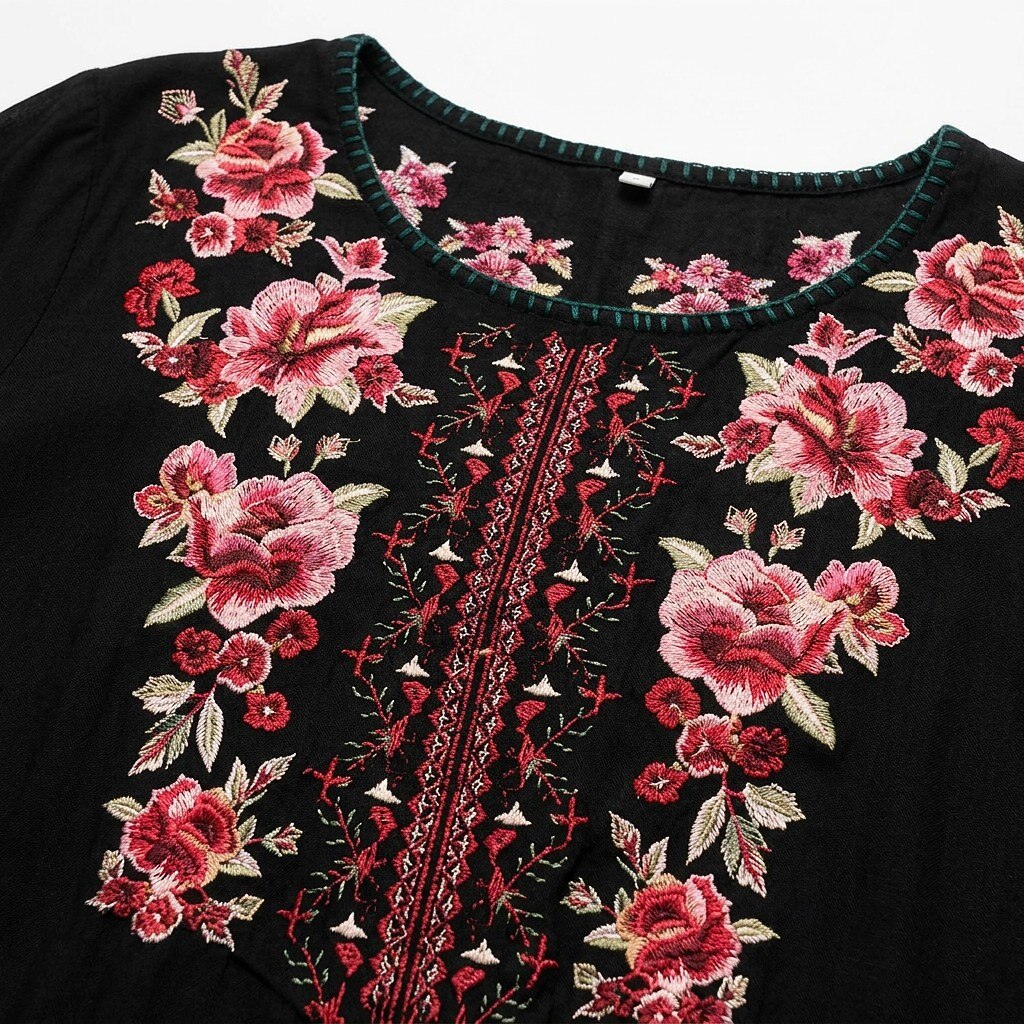 Close-up of a black LoomBasics cotton tunic shirt with red floral embroidery around the neckline.