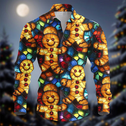 Men's Gingerbread Christmas Long Sleeve Button Shirt
