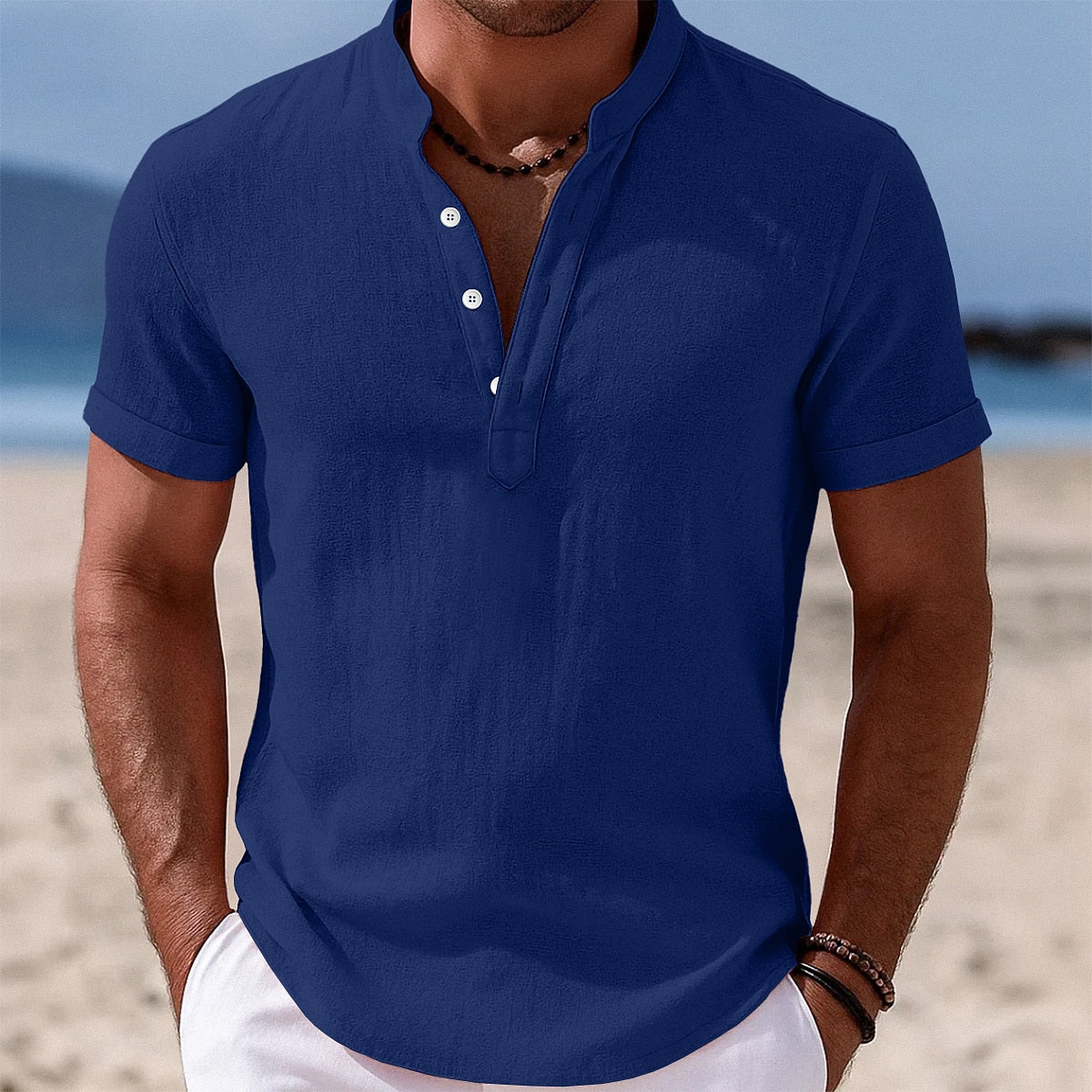 Cotton Linen Shirt with Band Collar Design