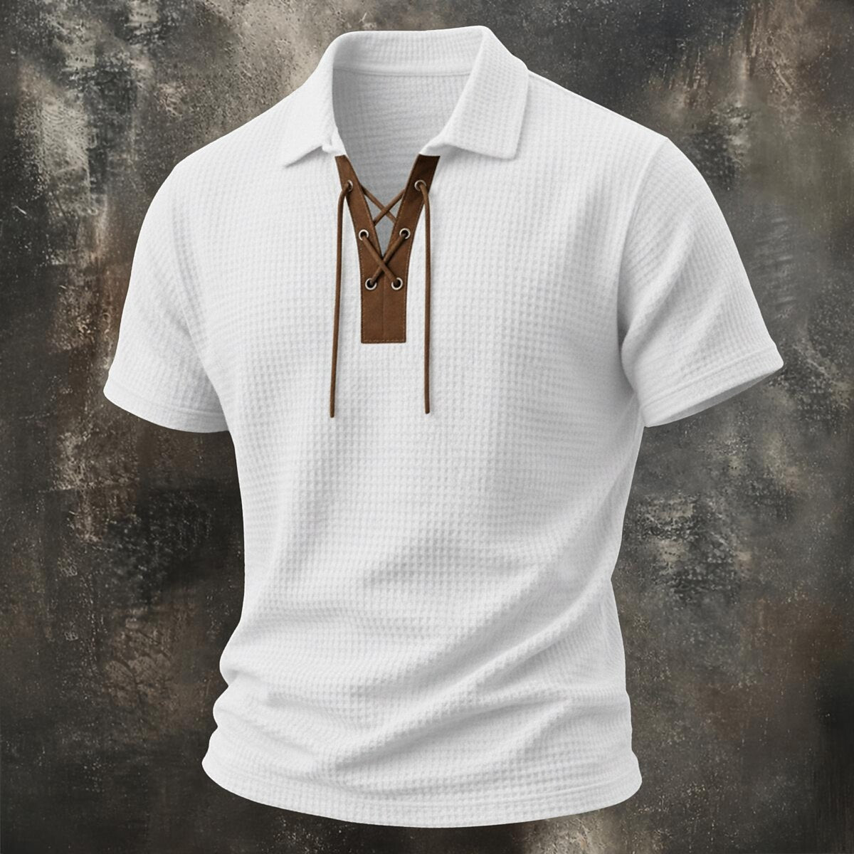 Vintage Lace-Up Collar Waffle Henley Shirt
