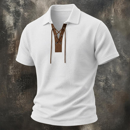 Vintage Lace-Up Collar Waffle Henley Shirt