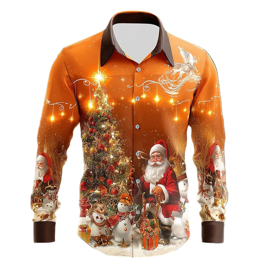 Christmas Santa Snowman Tree Button Shirt