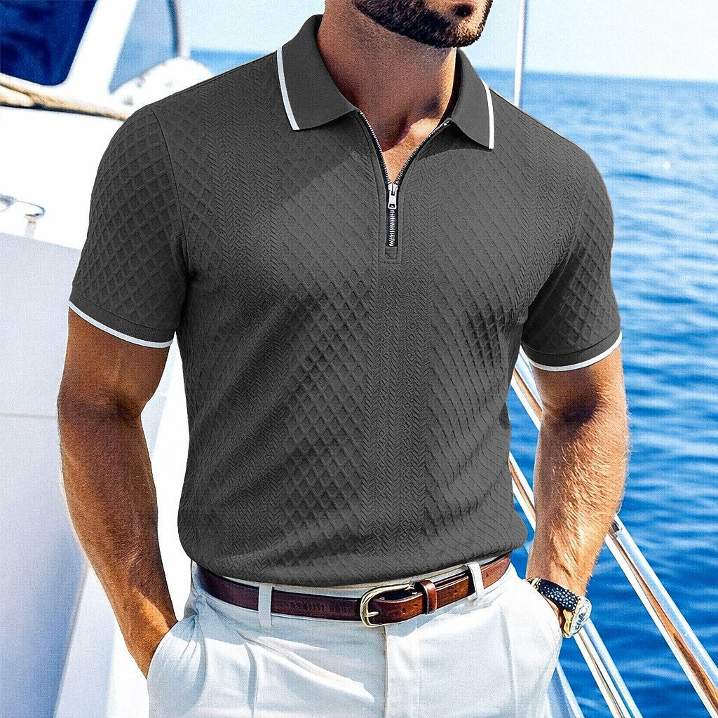 Zipper Textured Waffle Polo