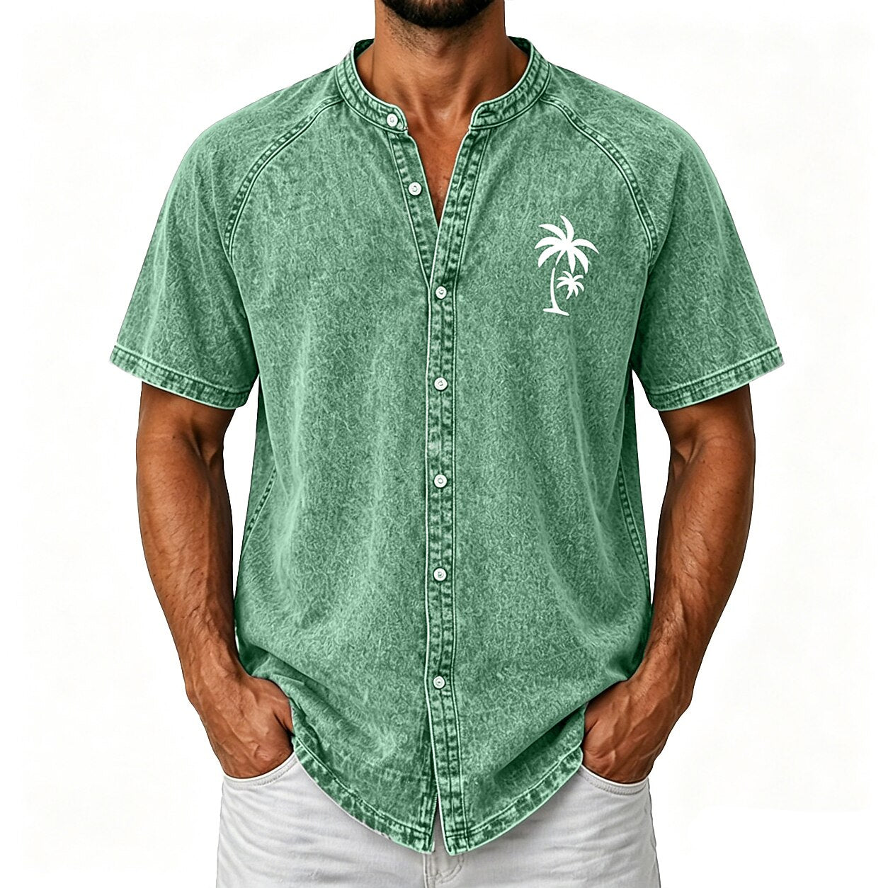 Broken-In Cotton Palm Tree Button Up Shirt