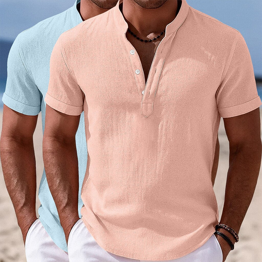 2Pcs Men's Casual Linen Shirts - Short Sleeve Summer Essential
