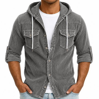 Textured Corduroy Hooded Cargo Shirt