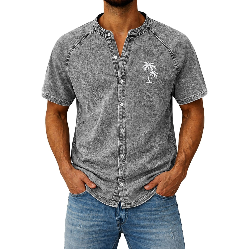 Acid Wash Cotton Palm Tree Denim Shirt