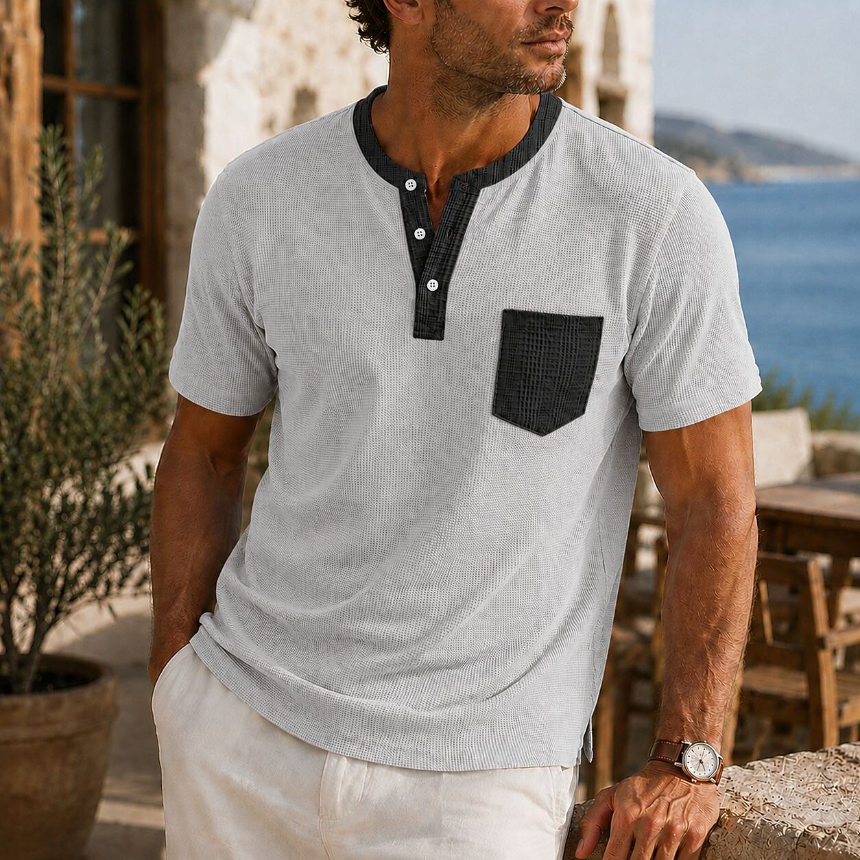 Men's Colorblock Waffle Henley T-Shirt