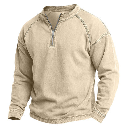 Half Zip Washed Cotton Henley Shirt