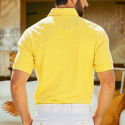 Textured Waffle Polo-Soft Summer Lapel Collar Shirt