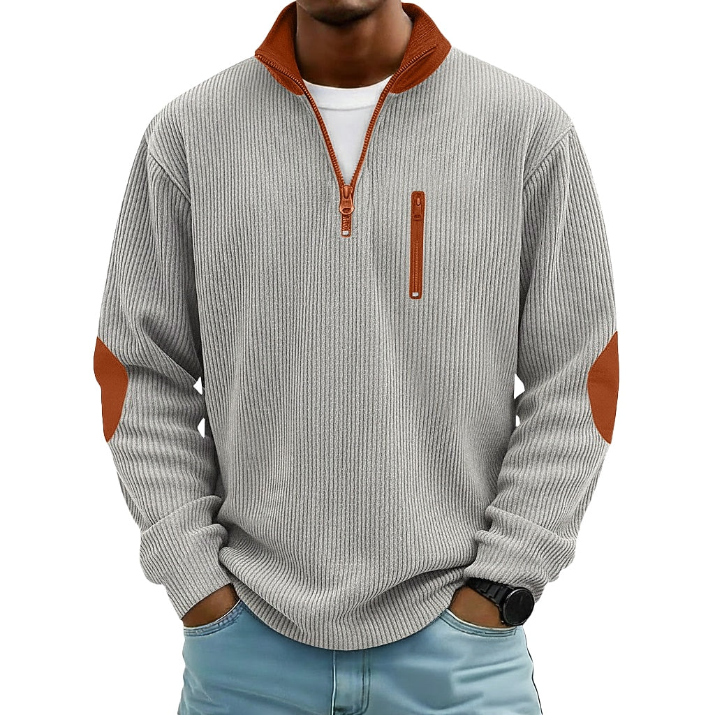 Patchwork Corduroy Zipped Henley Shirt