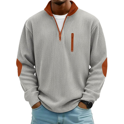 Patchwork Corduroy Zipped Henley Shirt