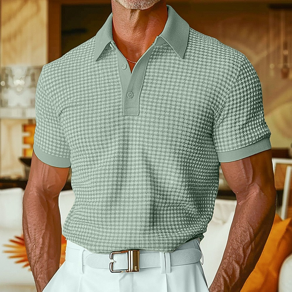 Textured Waffle Polo-Soft Summer Lapel Collar Shirt
