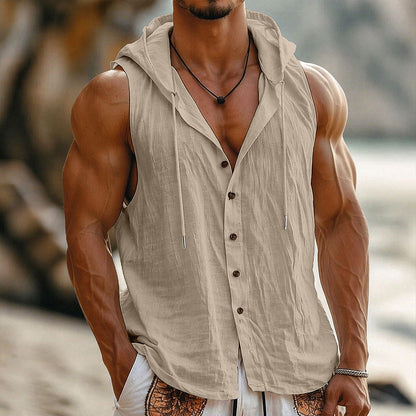 Hooded Sleeveless Cotton Linen Shirt - Light & Comfortable