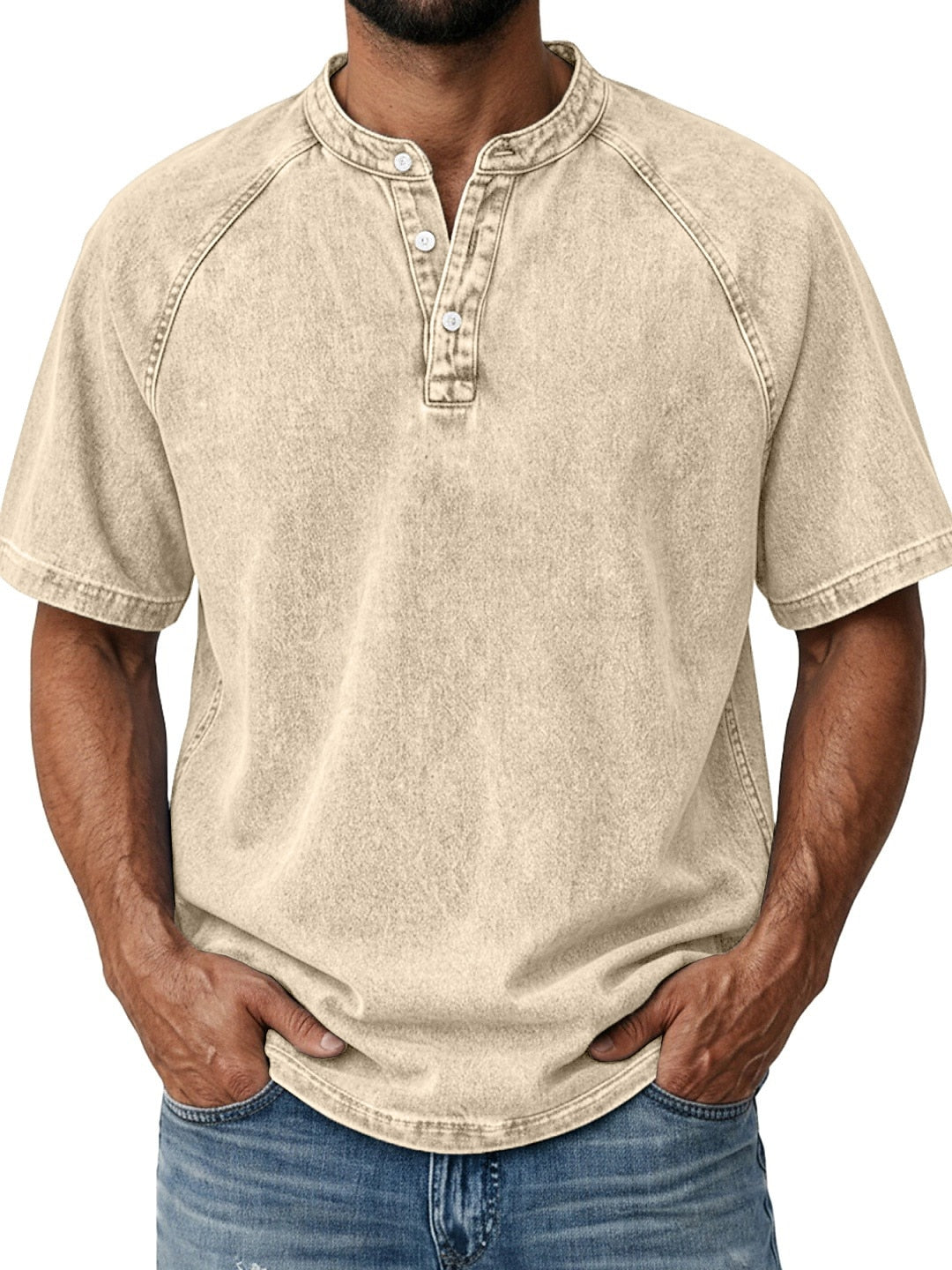 Men's Retro Henley Tee-100% Cotton, Vintage Washed Short Sleeve