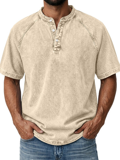 Men's Retro Henley Tee-100% Cotton, Vintage Washed Short Sleeve