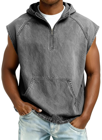 Men's Acid Washed Cotton Tank Top -Sleeveless Hooded Zip Top