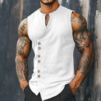 Men’s Sleeveless Linen Shirt - Mandarin Collar