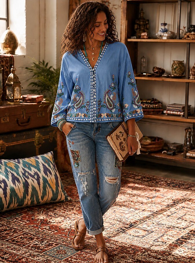 Woman wearing a LoomBasics embroidered boho blue cotton blouse and distressed jeans.