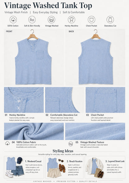 Men's 100% Cotton Henley Tank Top