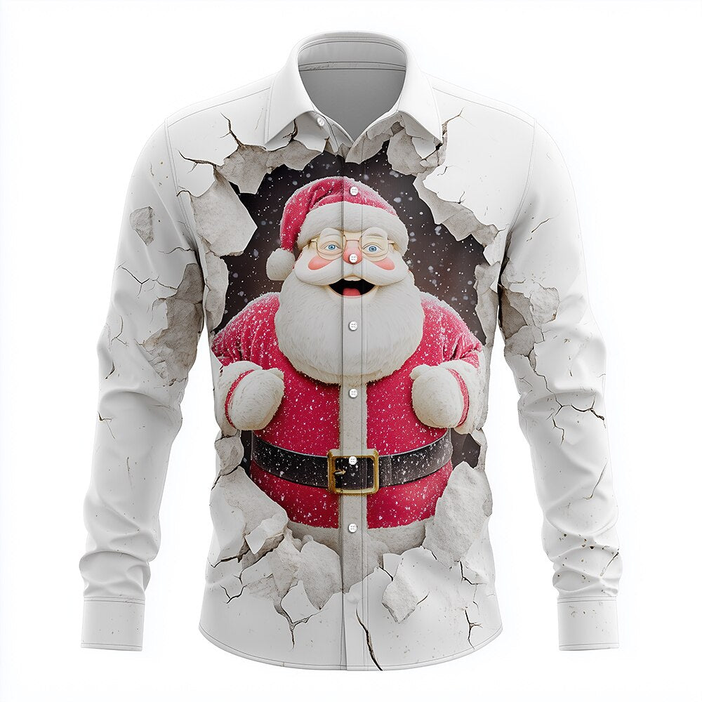 Christmas Santa Cracked Wall Button Shirt