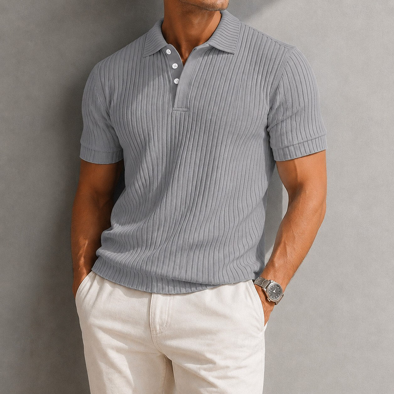 Men's Textured Rib Knit Polo Shirt