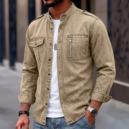 Washed Mandarin Collar Pocket Shirt