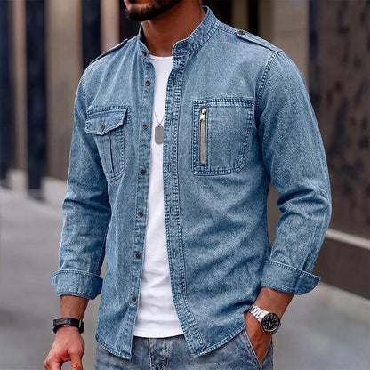 Washed Mandarin Collar Pocket Shirt