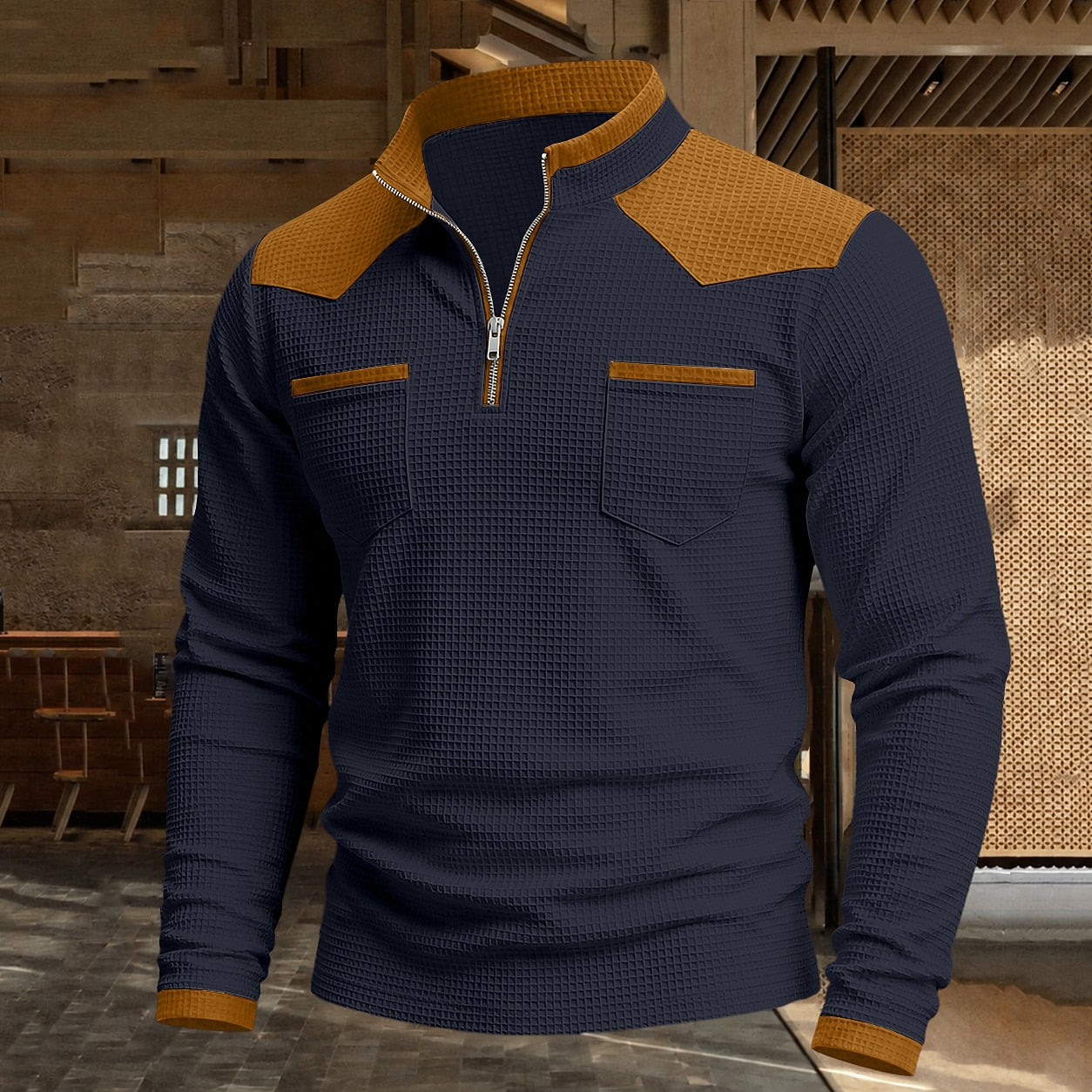 Patchwork Quarter Zip Waffle Polo