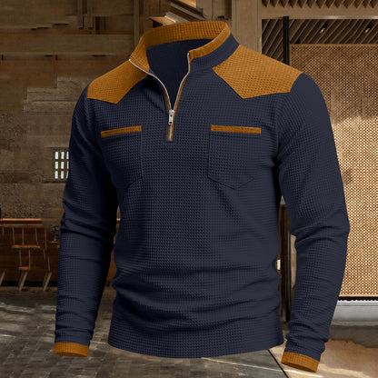 Patchwork Quarter Zip Waffle Polo