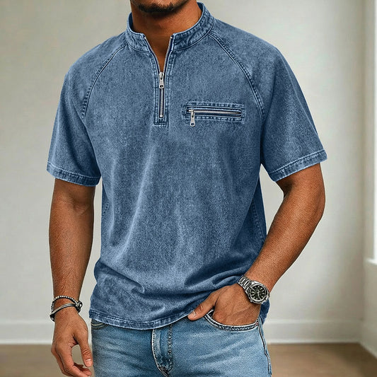 Broken-In Cotton Zip Up Henley Shirt