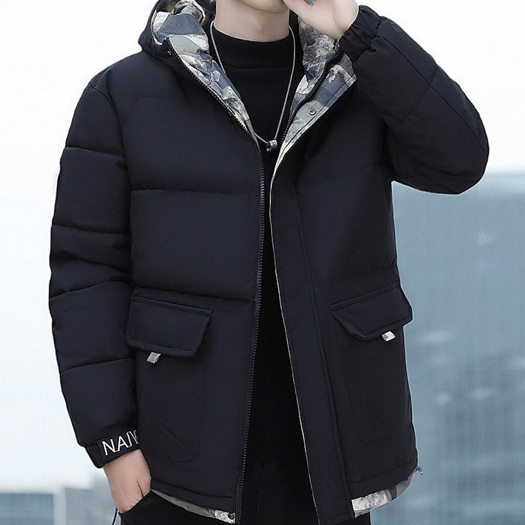 Men’s Quilted Hooded Patchwork Puffer Jacket – Everyday Warmth & Practical Style