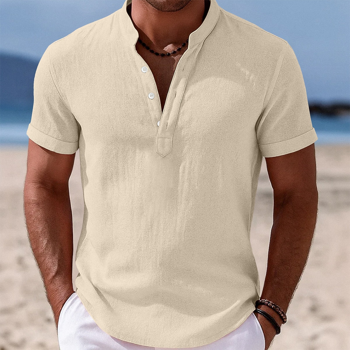 Cotton Linen Shirt with Band Collar Design
