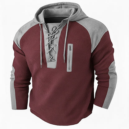 Lace Up Neck Hooded Waffle Henley Shirts