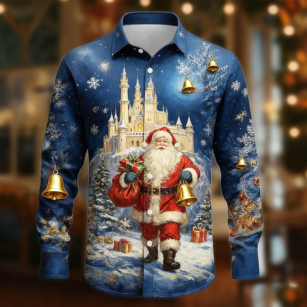 Christmas Santa Tree Snowflake Button Shirt