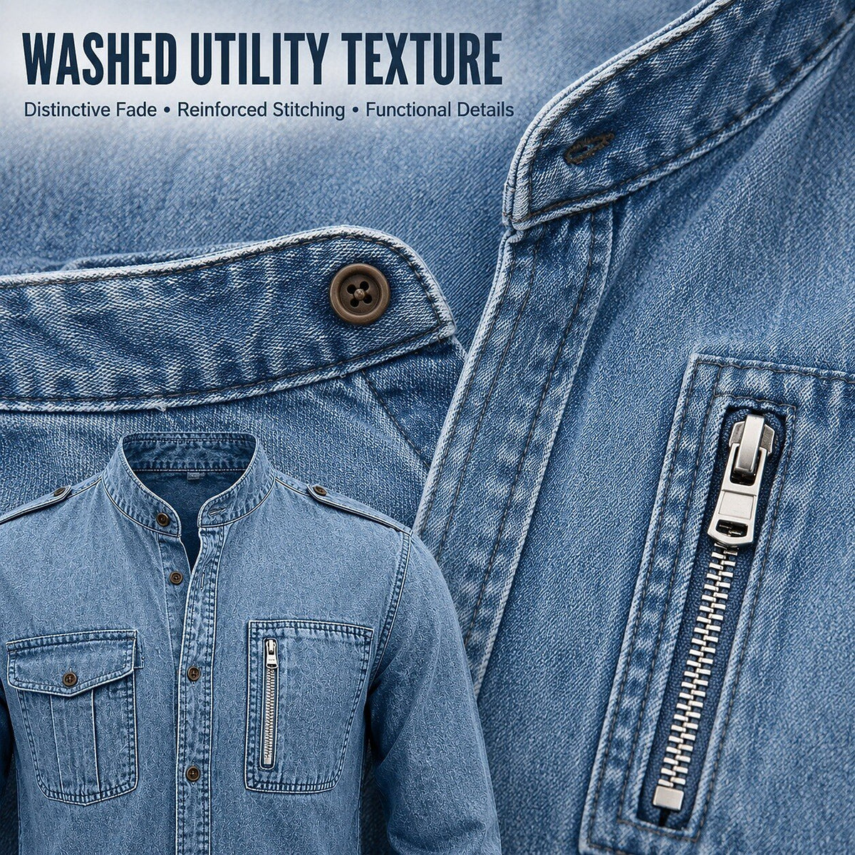 Washed Mandarin Collar Pocket Shirt
