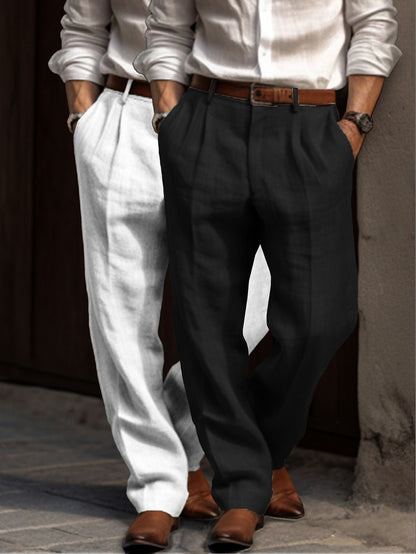 Men's Linen Dress Pants - Pleated Pants Straight Leg for Summer Comfort