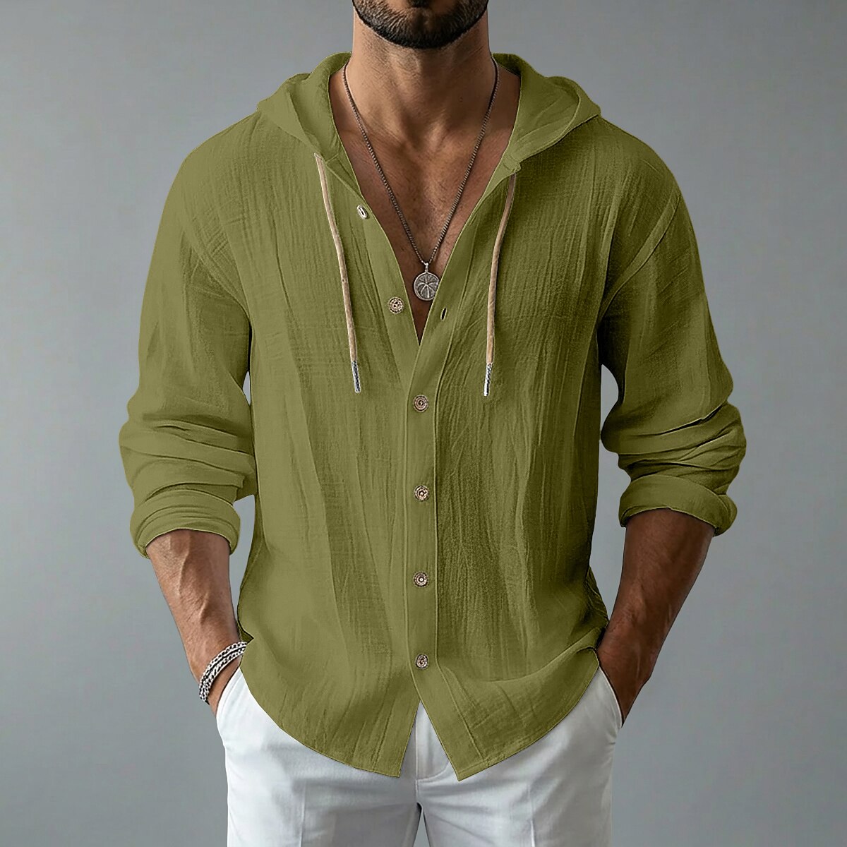 Lightweight Button Up Linen Hooded Shirt