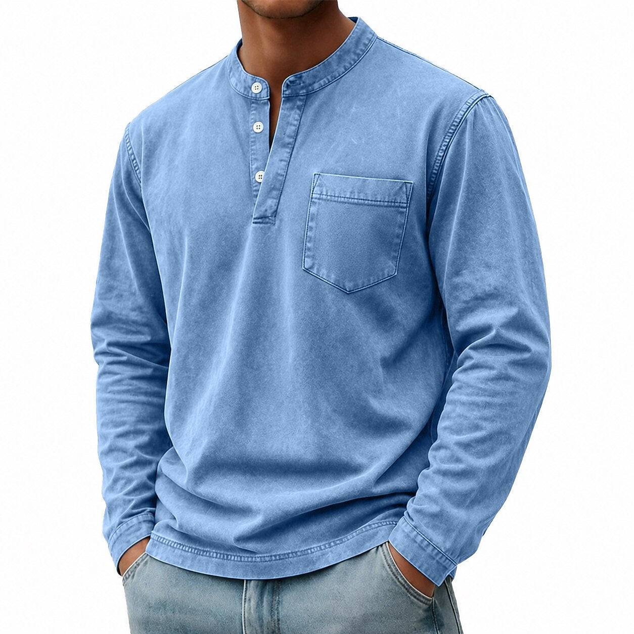 100% Cotton Henley T-Shirt-Vintage Washed Look