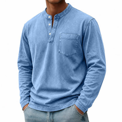 100% Cotton Henley T-Shirt-Vintage Washed Look