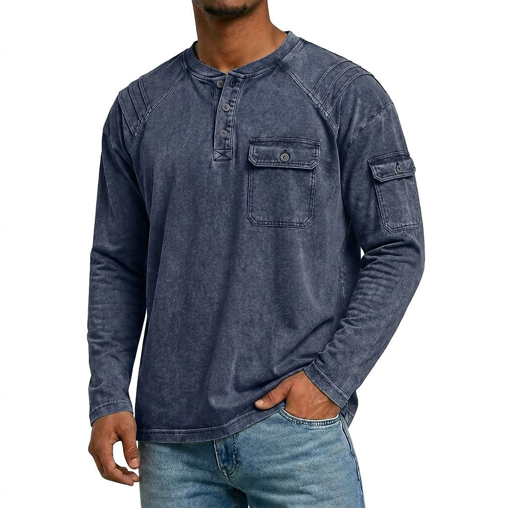 Vintage Stand Collar Washed Cotton Henley
