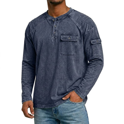 Vintage Stand Collar Washed Cotton Henley