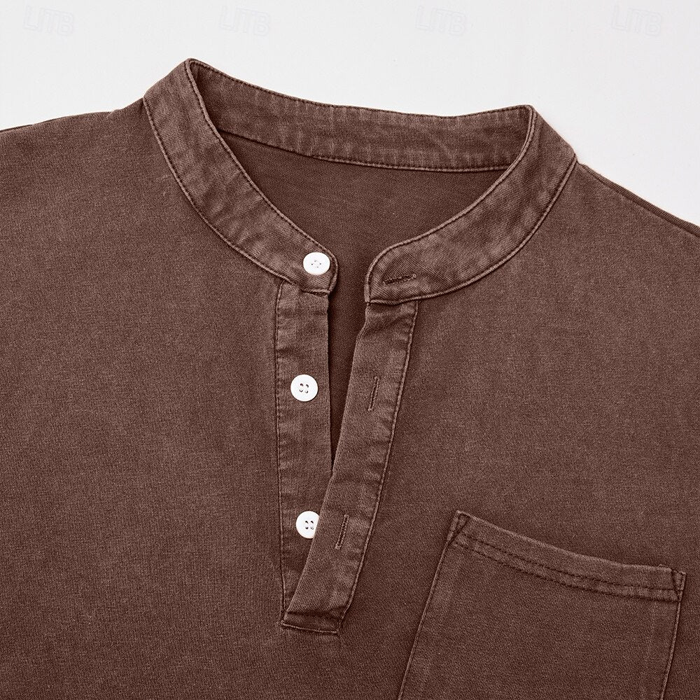 100% Cotton Henley T-Shirt-Vintage Washed Look