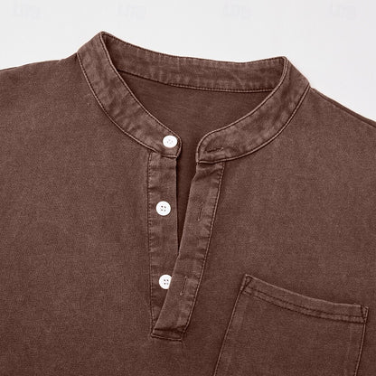 100% Cotton Henley T-Shirt-Vintage Washed Look