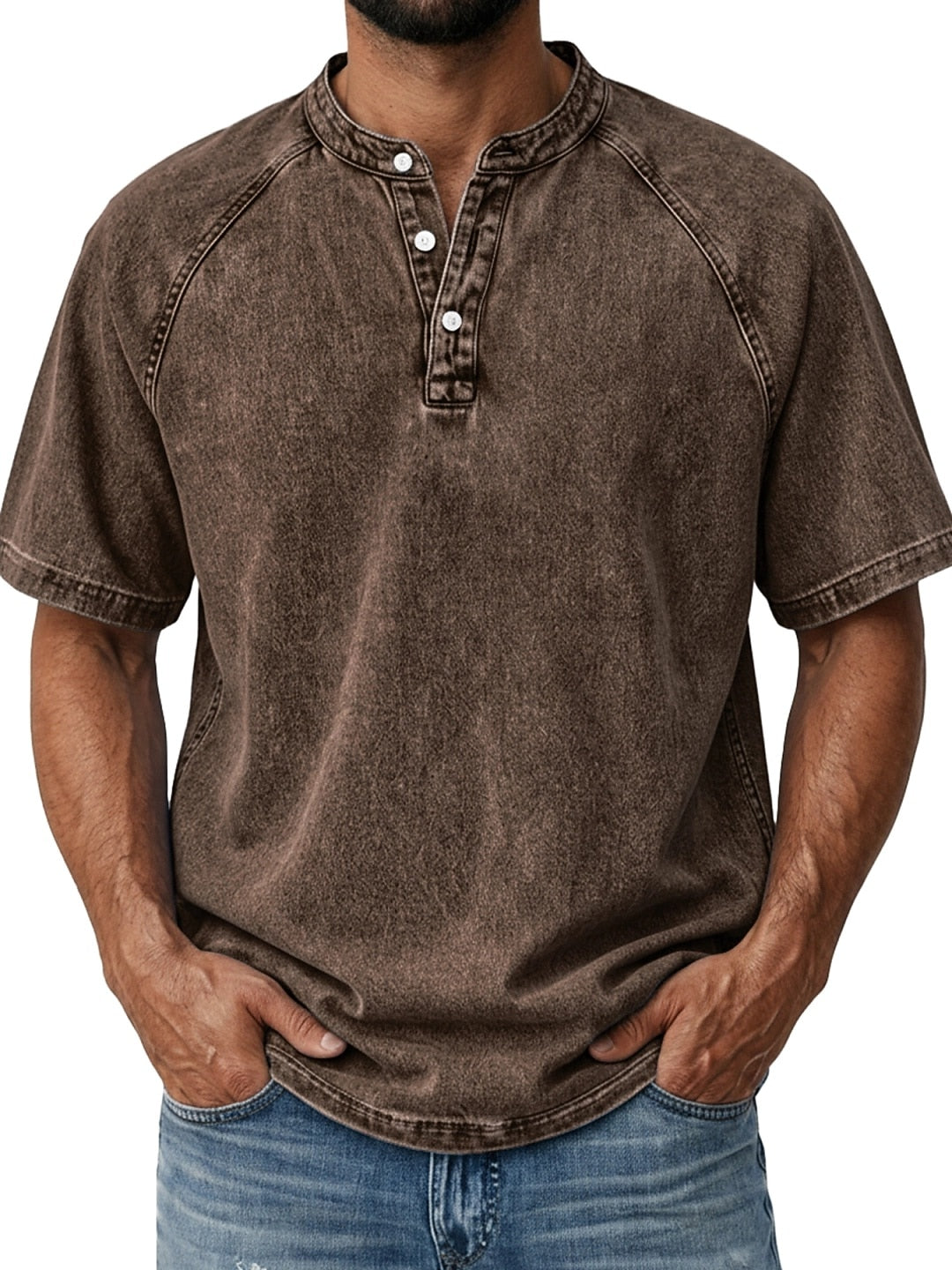 Men's Retro Henley Tee-100% Cotton, Vintage Washed Short Sleeve