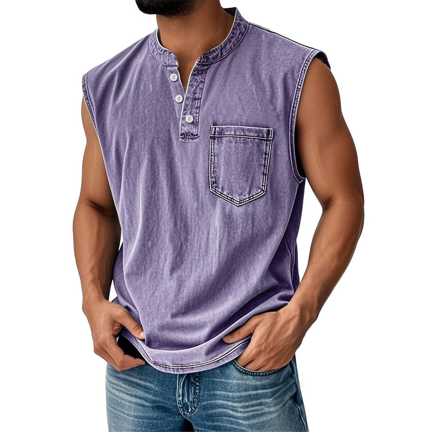 Men's 100% Cotton Henley Tank Top